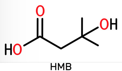 Beta-hydroxy beta-methylbutyric acid, HMB, beta-Hydroxyisovaleric acid molecule. It is indicator of biotin deficiency, leucine metabolite. Skeletal chemical formula