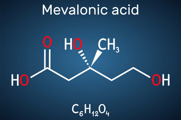 Mevalonic acid, MVA, R-mevalonic acid molecule. It is precursor in the mevalonate pathway, carboxylate anion is mevalonate. Structural formula on the dark blue background