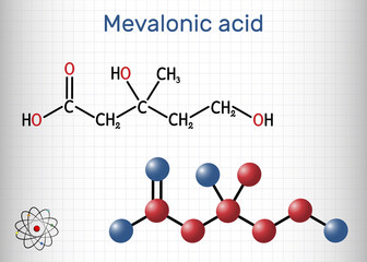 Mevalonic acid, MVA, R-mevalonic acid molecule. It is precursor in the mevalonate pathway, carboxylate anion is mevalonate. Sheet of paper in a cage