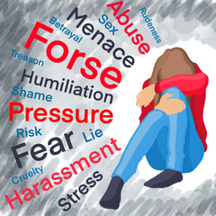 A poster on women's issues: humiliation, violence, harassment, abuse, sexual exploitation, and others. Protection of women. Feminism. - 437589166