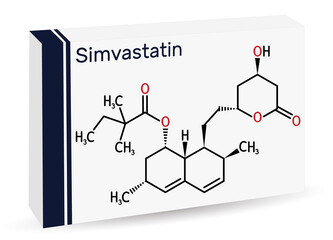 Simvastatin, molecule. It is belongs to the statin class, lipid-lowering drug. Paper packaging for drugs