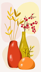 Sticker, sticker, postcard, poster with the image of a composition of three vases of different sizes and shapes with autumn leaves, branches with berries. Autumn still life, ikebana, floral theme. - 437589181