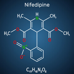 Nifedipine, molecule. It is dihydropyridine calcium channel blocking agent. Structural chemical formula on the dark blue background