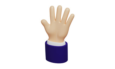 Cartoon light skin tone hand with dark blue sleeves shows five fingers, hello gesture, hand with fingers splayed isolated on white background, 3D rendering