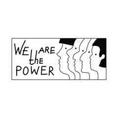 Heads of people of different nationalities. The faces look forward. Vector line drawing. A social slogan. Poster, advertisement, business card, call. Black and white isolated drawing.