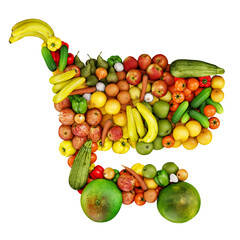 Shopping cart made of fruit and vegetable. Render 3d. Isolated on white background