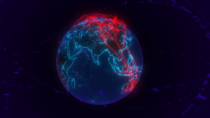 Planet Earth, against a night's background. Glowing internet communication lines. The interaction of continents is a connection. 3D illustration