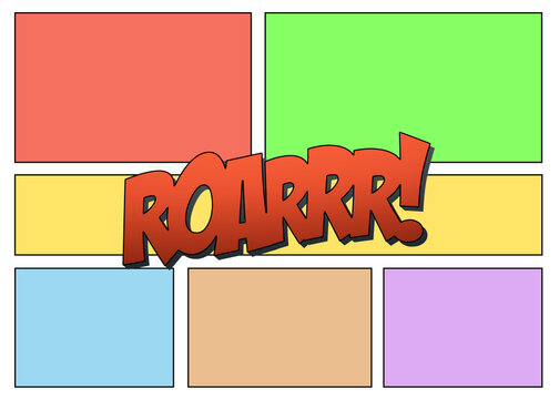 A comic book panel made of many regular boxes, each filled with a different color, and the text onomatopoeia Roarr (with an exclamation mark).
