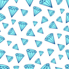 Diamond crystal gemstone mineral geometric abstract seamless pattern. Cartoon style. Blue stone accessory decoration isolated on white background.