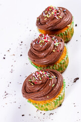 cupcake with chocolate cream and flavor topping on white background. Vertical shot