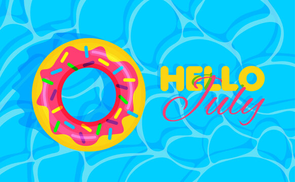Swimming pool summer background with colorful lifebuoys. Hello july concept. Pool party template banner. Float rings. Vector illustration in trendy flat style.
