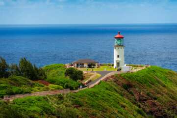 Fototapeta na wymiar Kilauea Lighthouse, Kauai, Hawaii. Kīlauea Lighthouse is located on Kīlauea Point on the island of Kauaʻi, Hawaiʻi in the Kīlauea Point National Wildlife Refuge. A popular place for bird watching.