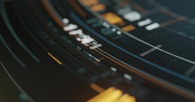 Abstract high tech digital technology background made of particles, disc and holographic plates. decoding, encoding digital circular motion video. 3D rendering, 4k seamless loop