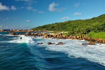 Aerial view of the most beautiful beach in the world. Nature background. La Digue island, Seychelles