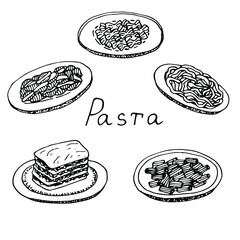 Set of pasta shells, farfalle, linguini, lasagna and rigatoni, vector illustration, hand drawing, sketch - obrazy, fototapety, plakaty