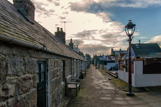 Row of historic cottages at Footdee in Aberdeen, Scotland, UK -