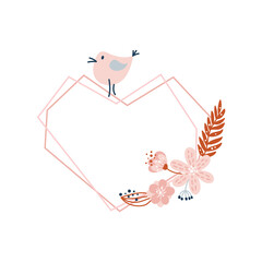 Vector valentine floral geometric heart frame with floral bouquet and flower bird illustration. Kids scandinavian love hand drawn style for anniversary, birthday, invitation with place for text