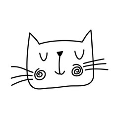 Black line face of Scandinavian cat. Hand drawn illustration of a flat. Design element of t-shirt, home textiles, wrapping paper, children textiles