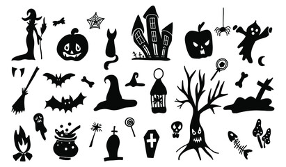 Set of cartoon doodle style silhouettes of Halloween on a white background. Vector illustration