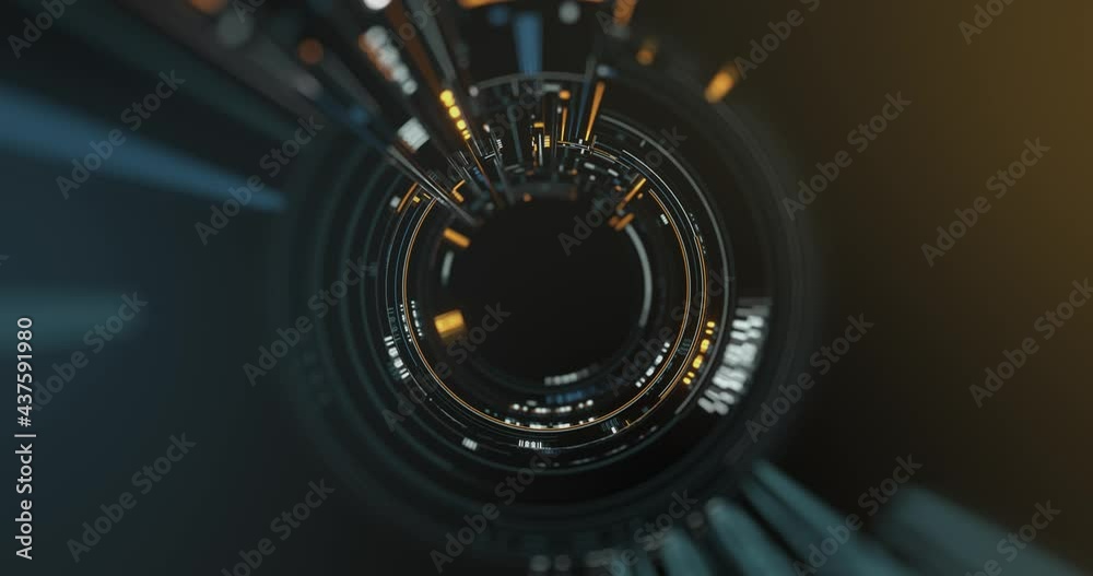 Poster digital information search, travels through circular abstract tech hub, network and data servers. hi