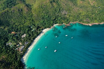 Aerial view of a luxury yacht vacation. Nature background. Praslin island, Seychelles