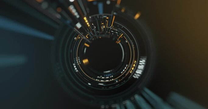 Digital information search, travels through circular abstract tech hub, network and data servers. High speed digital circle lines. Technology Digital Abstract Background Concept. 4K loop, 3D rendering