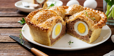 Freshly baked a showstopping raised pie using sausagemeat and boiled eggs on wooden background. 