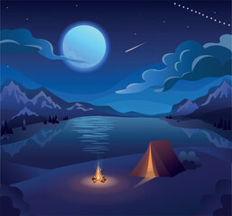 flat vector illustration of night rest, camping, night sky, moon, moonlight on water, mountain lake, starry sky, camping tent, campfire, shooting star, comet, mountains