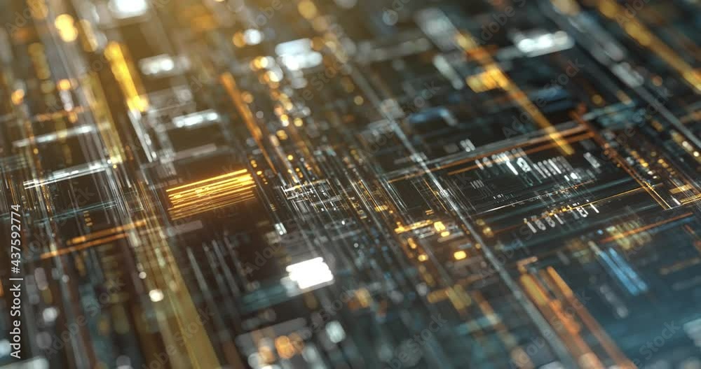 Poster processor or microchip and electronic signals on motherboard circuit, big data visualization. motion