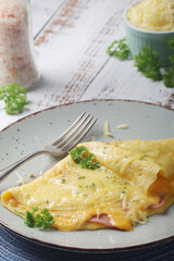 Omelette with ham and cheese on the plate