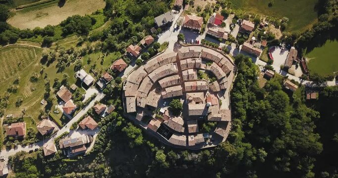 Italy, June 2021- aerial view of the medieval village of Serrungarina in the province of Pesaro and Urbino in the Marche region.
