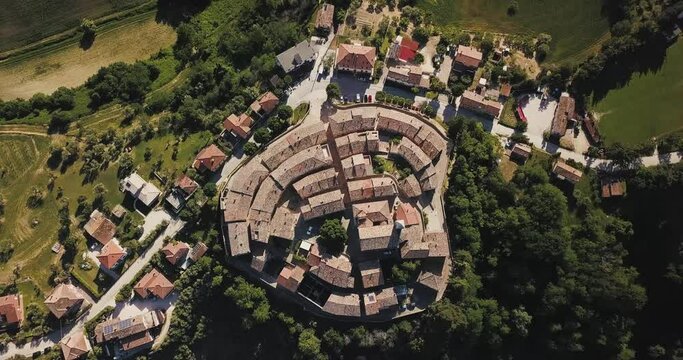 Italy, June 2021- aerial view of the medieval village of Serrungarina in the province of Pesaro and Urbino in the Marche region.