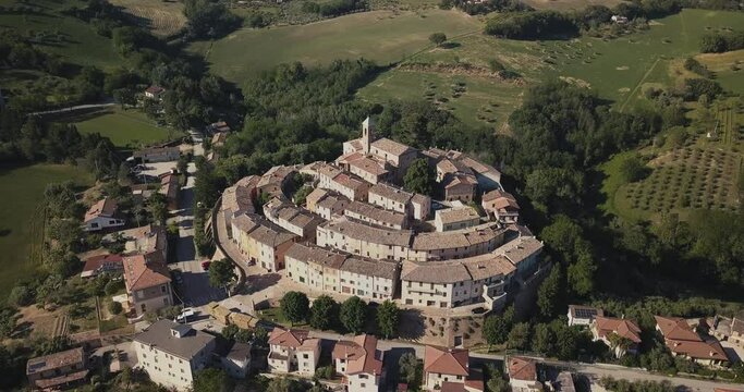 Italy, June 2021- aerial view of the medieval village of Serrungarina in the province of Pesaro and Urbino in the Marche region.