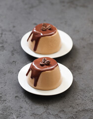 Panna Cotta, creamy coffee jelly with chocolate on a plate on a dark gray background