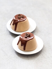 Vegan dessert, creamy coffee pudding with chocolate on a plate on a light gray background