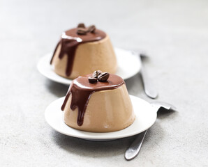 Vegan Panna Cotta coffee with chocolate on a plate on a light gray background