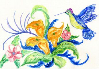 Obraz premium Hummingbird and flower art