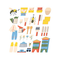 Fototapeta na wymiar Beekeeper's kit. Tools for honey extraction. Clothing for protection against bees. Flat vector illustration. Hobby