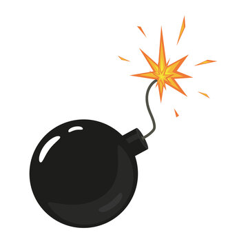 Explosive bomb. Wick, bomb and damage icon. Explosive device operation concept. Weapon, fire, spark and destruction, device. Isolated element on a white background. Vector illustration. 