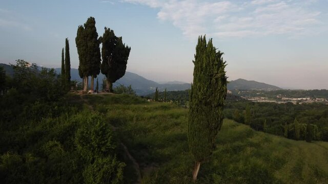Two women sitting on the blanket having a picnic on the background of the cypress trees, Montevecchia, Lecco, Italy