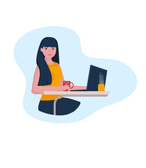 A girl sits at a desk with a computer. Homeschooling, remote work. Cartoon style, vector.