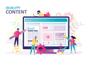 People create different quality content for social media. Copywriter with pencil writes articles for website or blogs - obrazy, fototapety, plakaty