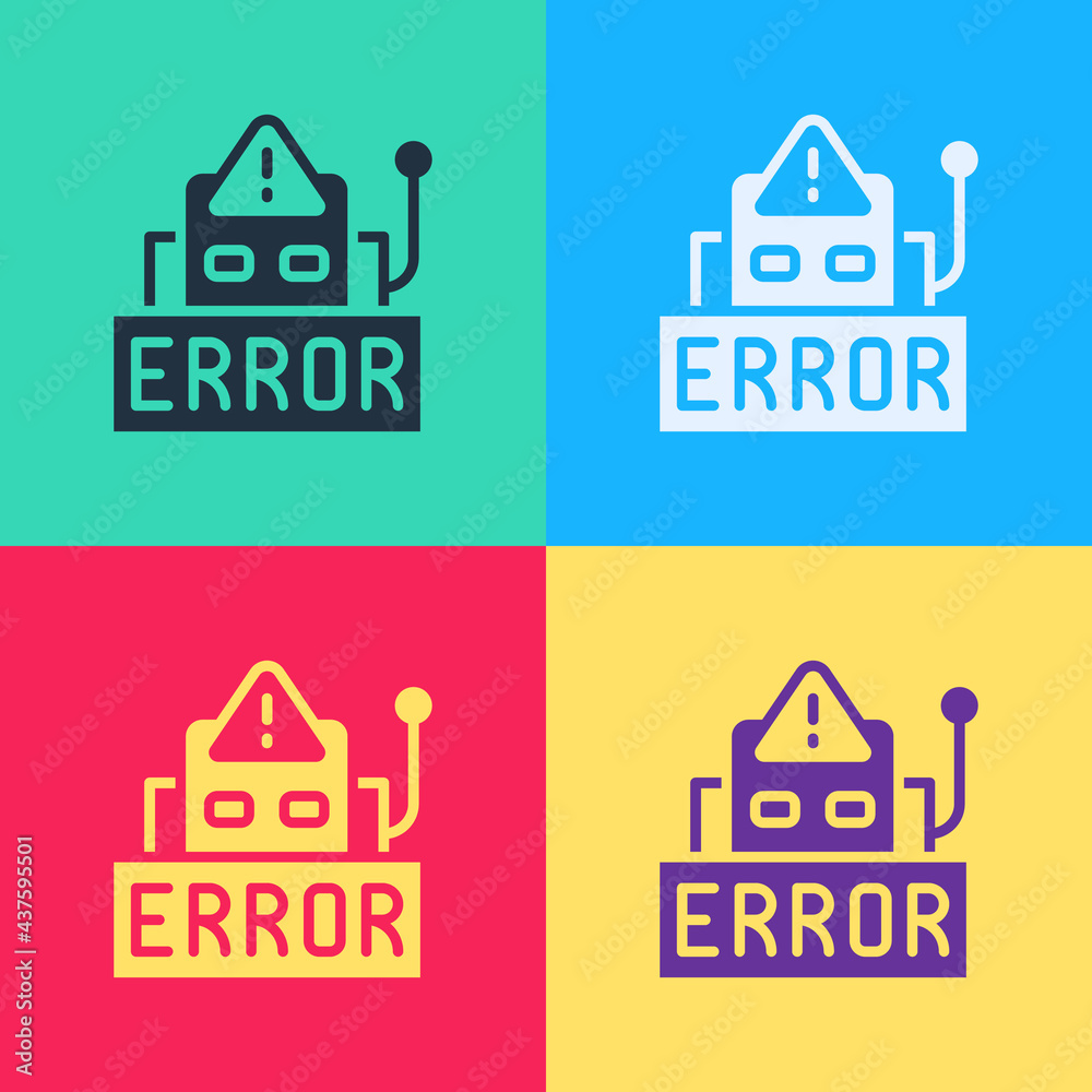Poster pop art error in the operation program of the robot icon isolated on color background. a broken chip
