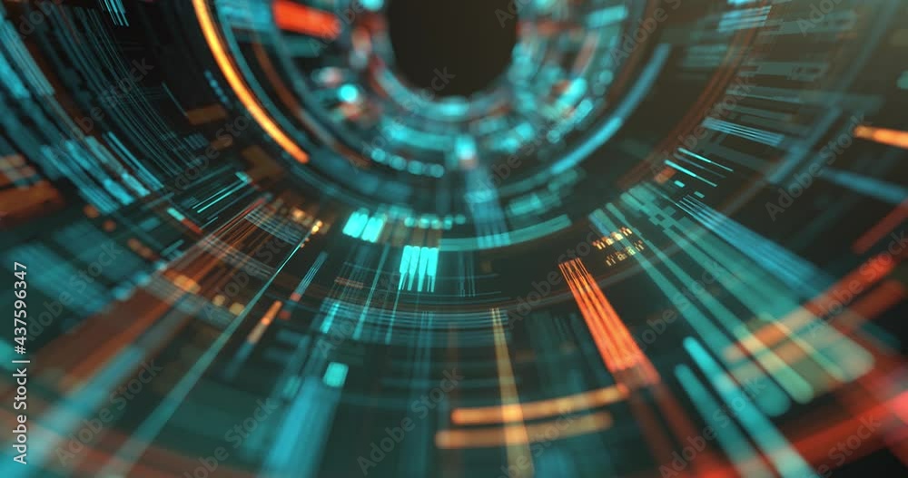 Poster abstract tech background, tunnel made of microchips and neon lights. digital cyberspace with digital