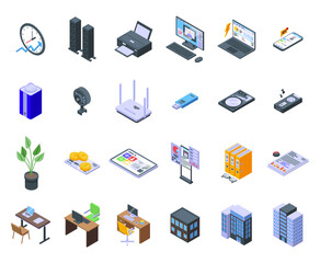 Smart office space icons set. Isometric set of smart office space vector icons for web design isolated on white background