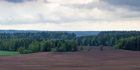 Panorama of plowed agricultural fields in the place of deforested reserve forests. The offensive of the agricultural industry on wildlife.