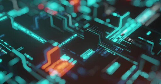 Technology Background with Abstract Circuitry. Data flow, square elements and flickering dots on black. Neon, Luminous futuristic motion design pattern. 4K loop, 3D rendering