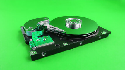 Disassembled hard drive close up on green background