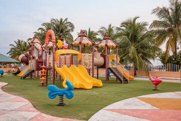 children's playground with colorful slides and outdoor swings. the concept of active recreation on a walk