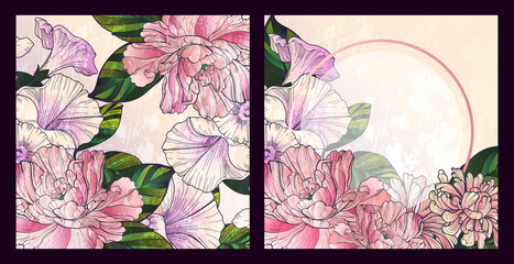 watercolor floral print. peony and bell are painted with a calligraphic brush and in Art Nouveau style. bridal bouquet. Floral pastel watercolor style. Spring bouquet. EPS10